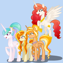 Size: 1920x1920 | Tagged: safe, artist:chelseawest, imported from derpibooru, princess celestia, oc, oc:sol, oc:solstice, oc:sunny glow, alicorn, female, flying, granddaughter, grandmother and grandchild, grandmother and granddaughter, great granddaughter, momlestia, mother and child, mother and daughter, offspring, offspring's offspring, royalty