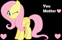 Size: 931x600 | Tagged: safe, artist:gyrotech, artist:twilyisbestpone, derpibooru exclusive, edit, imported from derpibooru, vector edit, fluttershy, pegasus, pony, black background, cute, heart, negative in the comments, one eye closed, positive ponies, shyabetes, simple background, smiling, solo, vector, wink