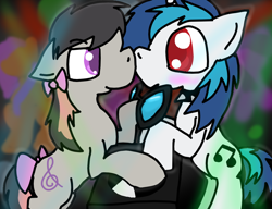 Size: 1000x768 | Tagged: safe, artist:stormthepony, imported from derpibooru, dj pon-3, octavia melody, vinyl scratch, earth pony, pony, unicorn, blushing, boop, bow, female, glasses off, hair bow, lesbian, mare, noseboop, rave, scratchtavia, shipping, tail bow, turntable