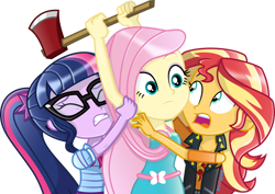 Size: 1280x906 | Tagged: safe, artist:steyrrdash, imported from derpibooru, fluttershy, sci-twi, sunset shimmer, twilight sparkle, equestria girls, hatchet, implied zephyr breeze, moments before disaster, simple background, this will end in murder, this will not end well, transparent background