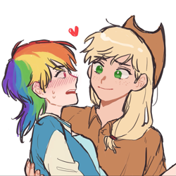 Size: 1079x1077 | Tagged: safe, artist:papu, imported from derpibooru, applejack, rainbow dash, human, appledash, brushing, clothes, female, freckles, heart, humanized, lesbian, lesbian applejack, lesbian dash, looking at each other, shipping, simple background, white background