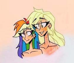 Size: 789x669 | Tagged: safe, artist:citi, imported from derpibooru, applejack, rainbow dash, human, appledash, bare shoulders, ear piercing, female, freckles, humanized, lesbian, lesbian applejack, lesbian dash, looking at each other, piercing, shipping, simple background