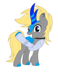 Size: 1605x2000 | Tagged: safe, artist:ragedox, imported from derpibooru, oc, oc only, oc:allen scout, cyborg, kirin, pony, blue, blue eyes, gray, happy, horn, looking at you, male, metal, scales, simple background, smiling, solo, transparent background, vector, wave, yellow mane