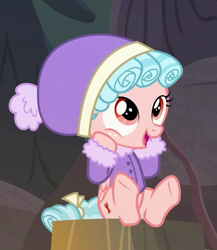 Size: 534x616 | Tagged: safe, imported from derpibooru, screencap, cozy glow, pegasus, pony, frenemies (episode), cheek squish, clothes, cozybetes, cropped, cute, open mouth, sitting, smiling, solo, squishy cheeks, tree stump, winter outfit