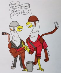 Size: 2417x2904 | Tagged: safe, artist:agdapl, imported from derpibooru, griffon, bucket, clothes, crossover, dialogue, duo, griffonized, helmet, high res, male, signature, species swap, traditional art