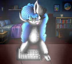 Size: 1224x1080 | Tagged: safe, artist:glotasha, imported from derpibooru, oc, oc only, pegasus, pony, alarm clock, art, bed, bookshelf, chest fluff, clock, commission, female, illustration, keyboard, magic, pegasus oc, picture, play, pony oc, shelf, solo, tongue out, wings