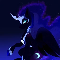 Size: 1080x1080 | Tagged: safe, artist:tessa_key_, imported from derpibooru, nightmare moon, alicorn, pony, ethereal mane, female, gradient background, helmet, horn, mare, needs more jpeg, peytral, raised hoof, solo, starry mane, wings