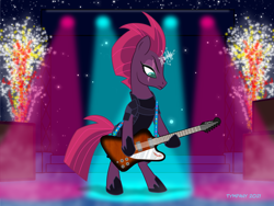 Size: 1024x768 | Tagged: safe, artist:tim-kangaroo, imported from derpibooru, fizzlepop berrytwist, tempest shadow, pony, unicorn, my little pony: the movie, armor, broken horn, electric guitar, fanart, fireworks, guitar, hoof hold, horn, looking down, magic, musical instrument, playing instrument, rock (music), rocking out, spotlight, stage