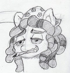 Size: 1130x1175 | Tagged: safe, artist:lost marbles, imported from derpibooru, tree hugger, earth pony, pony, bloodshot eyes, bust, drugs, marijuana, monochrome, mouth hold, pencil drawing, solo, traditional art