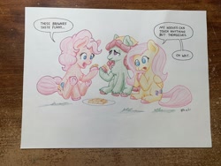 Size: 4032x3024 | Tagged: safe, artist:lost marbles, imported from derpibooru, fluttershy, pinkie pie, tree hugger, earth pony, pegasus, pony, brownies, colored pencil drawing, female, females only, food, high res, mare, smiling, traditional art, trio, trio female