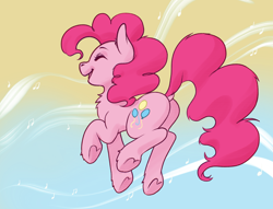 Size: 3500x2670 | Tagged: safe, artist:taytinabelle, imported from derpibooru, pinkie pie, earth pony, pony, balloonbutt, bouncing, butt, chest fluff, cute, diapinkes, dock, dot matrix, ear fluff, eyes closed, female, gradient background, happy, high res, jumping, leg fluff, mare, music notes, open mouth, plot, png, raised hoof, raised tail, rear view, shading, smiling, solo, tail, underhoof, unshorn fetlocks