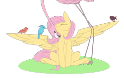 Size: 3800x2400 | Tagged: safe, artist:chapaevv, imported from derpibooru, fluttershy, bird, flamingo, pegasus, pony, chest fluff, cute, daaaaaaaaaaaw, eyes closed, female, high res, mare, nose in the air, patreon, patreon reward, png, shyabetes, simple background, sitting, sitting on wing, solo, spread wings, that pony sure does love animals, transparent background, underhoof, wings