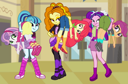 Size: 6280x4133 | Tagged: safe, artist:gmaplay, imported from derpibooru, adagio dazzle, apple bloom, aria blaze, scootaloo, sonata dusk, sweetie belle, equestria girls, absurd resolution, ass, bloom butt, butt, canterlot high, carried, carry, kidnapped, ots carry, over the shoulder, scootabutt, sweetie butt, the dazzlings
