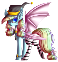 Size: 2381x2519 | Tagged: safe, artist:mediasmile666, imported from derpibooru, oc, oc only, bat pony, pony, bat pony oc, bat wings, cute, cute little fangs, fangs, female, hat, high res, looking at you, looking back, looking back at you, mare, one eye closed, simple background, slit eyes, slit pupils, solo, spread wings, standing, transparent background, wings, wink, witch hat