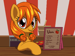 Size: 800x600 | Tagged: safe, artist:rangelost, imported from derpibooru, oc, oc only, oc:autumn gold, earth pony, pony, cyoa:d20 pony, female, looking at you, mare, pixel art, shop, solo