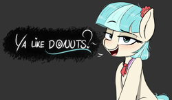 Size: 2815x1642 | Tagged: safe, artist:pinkberry, imported from derpibooru, coco pommel, earth pony, pony, blushing, coco is an anal slut, colored, female, freckles, gray background, innuendo, mare, simple background, sketch, solo, speech, talking, text