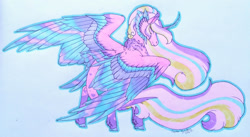 Size: 1920x1049 | Tagged: safe, artist:oneiria-fylakas, imported from derpibooru, princess cadance, alicorn, pony, alternate design, colored wings, curved horn, female, horn, jpg, mare, multicolored wings, neck fluff, solo, tail feathers, traditional art, wings