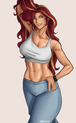 Size: 4961x8016 | Tagged: safe, artist:nire, imported from derpibooru, sunset shimmer, equestria girls, belly button, breasts, busty sunset shimmer, cleavage, clothes, female, hand in pants, jeans, pants, short shirt, smiling, solo, solo female, spiked wristband, wristband