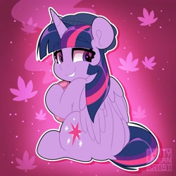 Size: 4000x4000 | Tagged: safe, artist:partylikeanartist, imported from derpibooru, twilight sparkle, alicorn, pony, 420, abstract background, absurd resolution, back, beanie, bong, dock, drugs, female, folded wings, from behind, hat, high, highlight sparkle, lip bite, looking at you, looking back, looking back at you, mare, marijuana, outline, rear view, simple background, sitting, solo, stoned, twilight sparkle (alicorn), white outline, wings