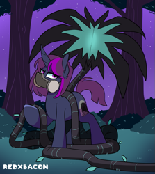 Size: 807x903 | Tagged: source needed, safe, artist:redxbacon, imported from derpibooru, oc, oc only, oc:asphyxia, pony, unicorn, black vine, female, gas mask, mask, night, outdoors, poison vine, solo