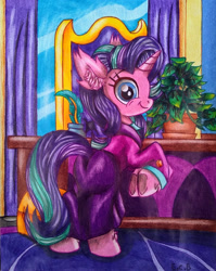 Size: 1280x1606 | Tagged: safe, artist:estrellasombria, imported from derpibooru, phyllis, starlight glimmer, pony, unicorn, the last problem, clothes, colored pencil drawing, headmare starlight, philodendron, skirt, smiling, solo, suit, traditional art