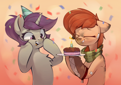 Size: 1508x1053 | Tagged: safe, artist:rexyseven, imported from derpibooru, oc, oc only, oc:lavrushka, oc:rusty gears, earth pony, pony, unicorn, cake, cute, female, food, hat, mare, ocbetes, party hat