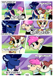 Size: 2100x3000 | Tagged: safe, artist:loryska, imported from derpibooru, oc, oc only, oc:clarabelle, oc:conundrum solar flare, oc:indigo sky, earth pony, hybrid, pony, unicorn, zony, comic:friendship grows, adopted offspring, ear fluff, eyes closed, high res, leonine tail, magical lesbian spawn, offspring, parent:quibble pants, parent:rainbow dash, parent:sweetie belle, parent:trixie, parent:twilight sparkle, parents:quibbledash, parents:twixie, unshorn fetlocks