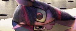 Size: 1261x524 | Tagged: source needed, safe, artist:chryseum, artist:equum_amici, imported from derpibooru, twilight sparkle, pony, unicorn, 3d, animated, cinemagraph, creepy, eye shimmer, female, fourth wall, looking at you, lying down, mare, mind screw, nightmare fuel, no sound, on side, open mouth, paper, portal, realistic, side, smiling, solo, surreal, uncanny valley, webm, what has magic done, wide eyes