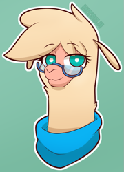 Size: 687x956 | Tagged: safe, artist:hitsuji, imported from derpibooru, oc, oc:shio (hitsuji), alpaca, them's fightin' herds, clothes, community related, female, glasses, looking at you, scarf, simple background, smiling, solo, tfh oc