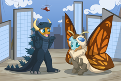 Size: 3300x2200 | Tagged: safe, artist:sirzi, imported from derpibooru, ocellus, smolder, changedling, changeling, dragon, clothes, commission, cosplay, costume, cute, diaocelles, dragoness, duo, duo female, female, godzilla, godzilla (series), high res, mothra, movie set, png, smolderbetes