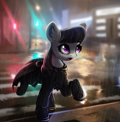 Size: 1267x1285 | Tagged: safe, artist:hitbass, imported from derpibooru, octavia melody, pony, city, city lights, clothes, coat, cute, ear fluff, open mouth, rain, solo, tavibetes