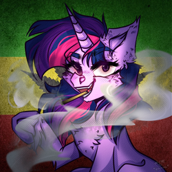 Size: 1500x1500 | Tagged: safe, artist:glotasha, imported from derpibooru, twilight sparkle, pony, unicorn, art, bloodshot eyes, chest fluff, commission, drug use, drugs, female, highlight sparkle, illustration, joint, marijuana, pony oc, smoke, solo, unicorn twilight