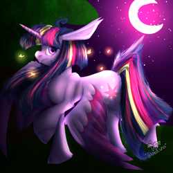 Size: 1500x1500 | Tagged: safe, artist:glotasha, imported from derpibooru, twilight sparkle, alicorn, firefly (insect), insect, pony, art, cute, female, illustration, moon, night, solo, twilight sparkle (alicorn), walk