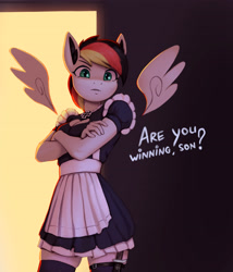 Size: 3232x3774 | Tagged: safe, artist:mrscroup, imported from derpibooru, oc, oc only, oc:anja snow, anthro, pegasus, unicorn, adorasexy, anthro oc, boob window, clothes, cute, fangs, female, floating wings, german, german cross, high res, horn, iron cross, knife, looking at you, maid, mare, mother, sexy, skirt, socks, solo, solo female, thigh highs, unicorn oc, wings