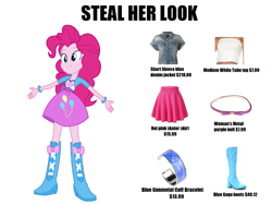 Size: 1380x1040 | Tagged: safe, imported from derpibooru, pinkie pie, equestria girls, belt, boots, bow, bracelet, clothes, jacket, jewelry, knee-high boots, meme, prices, shoes, skirt, solo, steal her look, tube top