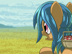 Size: 800x600 | Tagged: safe, artist:rangelost, imported from derpibooru, oc, oc only, oc:windcaller, earth pony, pegasus, pony, cyoa:d20 pony, basket, cloud, field, outdoors, pixel art, solo focus