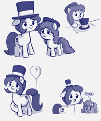 Size: 2505x3000 | Tagged: safe, artist:heretichesh, imported from derpibooru, oc, oc:hattsy, oc:lil beret, oc:whinny, earth pony, pony, balloon, beret, blushing, bow, cute, dialogue, distressed, family, female, fork, hair bow, happy, hat, high res, knife, mother and child, mother and daughter, parent:pinkie pie, plate, pregnant, small headwear humiliation, standing, text, top hat, unamused
