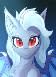 Size: 940x1300 | Tagged: safe, artist:xeniusfms, imported from derpibooru, oc, oc:evening chill, bat pony, commission, fangs, female, looking at you, slit pupils, slitted eyes, smiling, ych result