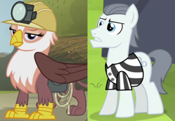Size: 1072x746 | Tagged: safe, edit, edited screencap, imported from derpibooru, screencap, gimme moore, silver shill, earth pony, griffon, pony, leap of faith, the lost treasure of griffonstone, bag, clothes, comparison, crack shipping, cropped, female, gimmeshill, helmet, interspecies, male, mining helmet, rope, saddle bag, shipping, shipping domino, shirt, stallion, straight, striped shirt