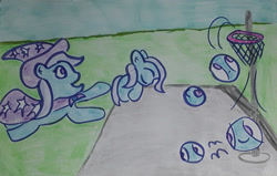 Size: 1280x816 | Tagged: safe, artist:dex stewart, imported from derpibooru, trixie, pony, unicorn, basketball, basketball hoop, basketball net, bouncing, cape, clothes, female, hat, mare, morph ball, solo, sports, traditional art, transformation, trixie's cape, trixie's hat, trixieball
