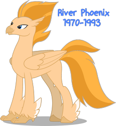 Size: 947x1024 | Tagged: safe, artist:chrzanek97, edit, imported from derpibooru, vector edit, classical hippogriff, hippogriff, hippogriffied, male, river phoenix, smiling, solo, species swap, text, tribute, vector