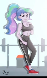 Size: 1225x2048 | Tagged: safe, artist:danielitamlp, imported from derpibooru, imported from ponybooru, princess celestia, equestria girls, alternate hairstyle, belly button, breasts, busty princess celestia, cleavage, clothes, female, gym, looking at you, ponytail, principal celestia, shoes, sleeveless, smiling, sneakers, solo, sports bra, trackpants, weights