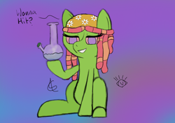Size: 1024x720 | Tagged: safe, artist:globlet_, imported from derpibooru, tree hugger, earth pony, pony, 420, bong, dreadlocks, drugs, high, looking at you, marijuana, multicolored hair, pastel, pastel background, red eyes, smiling, smiling at you, solo, stoned, stoner, tree hugger smoking