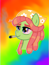 Size: 899x1200 | Tagged: safe, alternate version, artist:froyo15sugarblast, imported from derpibooru, tree hugger, earth pony, pony, 420, 420 blaze it, bandana, bloodshot eyes, bust, dreadlocks, drugs, error, female, glitch, high, joint, late, marijuana, pink eyes, portrait, psychedelic, smoking, smoking weed, solo, tree stoner