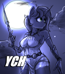 Size: 5000x5700 | Tagged: safe, artist:felixf, imported from derpibooru, princess luna, anthro, auction, commission, night, sketch, spear, weapon, ych sketch, your character here