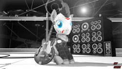 Size: 1920x1080 | Tagged: safe, alternate version, artist:sky chaser, imported from derpibooru, oc, oc only, oc:sky chaser, pegasus, pony, wolf, wolf pony, 3d, beard, black and white, facial hair, grayscale, guitar, hockey mask, mask, monochrome, musical instrument, rock (music), solo, source filmmaker, speaker, speakers