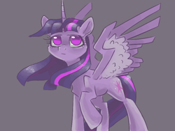 Size: 800x600 | Tagged: safe, artist:smirk, imported from derpibooru, twilight sparkle, alicorn, pony, female, gray background, looking up, mare, raised hoof, simple background, solo, spread wings, twilight sparkle (alicorn), wing fluff, wings