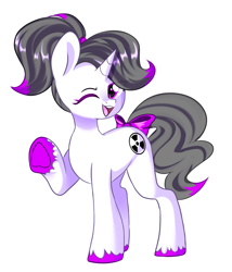 Size: 910x1062 | Tagged: safe, artist:thieftea, imported from derpibooru, oc, oc only, oc:hazel radiate, pony, unicorn, bow, commission, commissioner:biohazard, female, hair bow, highlights, looking at you, one eye closed, ponytail, quadrupedal, radiation sign, raised hoof, simple background, smiling, solo, standing, tail bow, white background, wink, winking at you, ych result