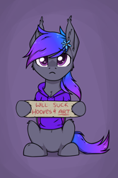 Size: 2000x3000 | Tagged: safe, artist:danger_above, imported from derpibooru, oc, oc only, oc:grey, bat pony, pony, belly button, clothes, cute, ear fluff, high res, hoodie, male, sign, simple background, sitting, solo, solo male, text, trap