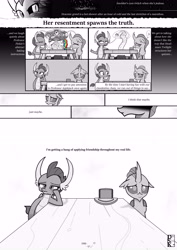 Size: 6071x8598 | Tagged: safe, artist:johnerose126, imported from derpibooru, ocellus, pinkie pie, smolder, changedling, changeling, dragon, fanfic:does she know, absurd resolution, fanfic art, monochrome